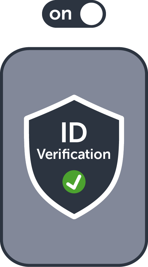 Stylised graphic showing an ‘on’ toggle switch above a dark blue card with a shield that reads ‘ID verification service” and contains a green check mark, symbolising that anti-money-laundering compliance is active.