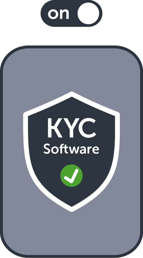 Stylised graphic showing an ‘on’ toggle switch above a grey card with an white-outlined shield that reads ‘KYC Software and contains a green check mark, symbolising that anti-money-laundering compliance is active.