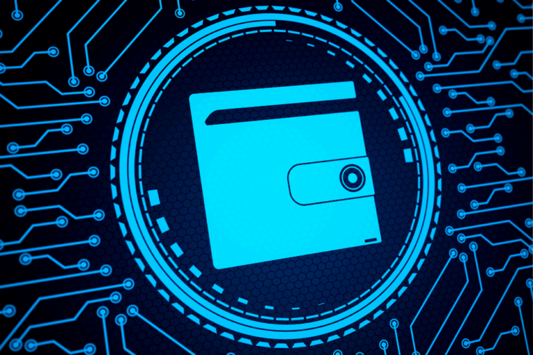 Stylised digital wallet icon in the center of a circular circuit board pattern, representing digital finance or online payments