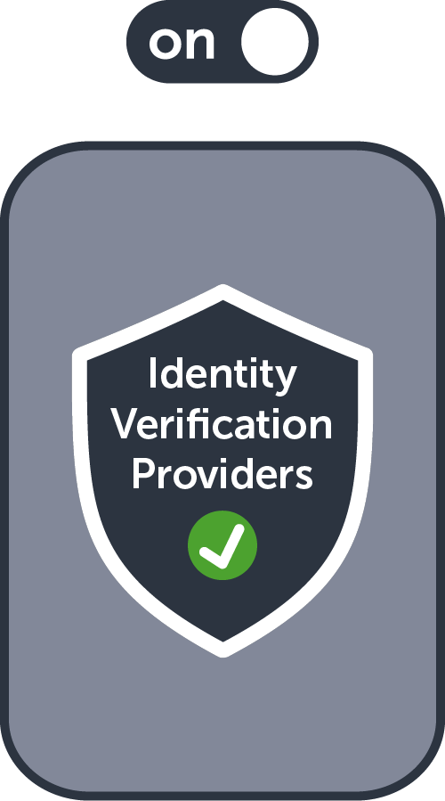 Stylised graphic showing an ‘on’ toggle switch above a grey card with a white-outlined shield that reads ‘IDV Provider” and contains a green check mark, symbolising that anti-money-laundering compliance is active.