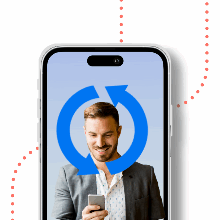 Smiling man in a suit looking at his smartphone with a blue synchronization icon overlaid on the screen of a mobile device.