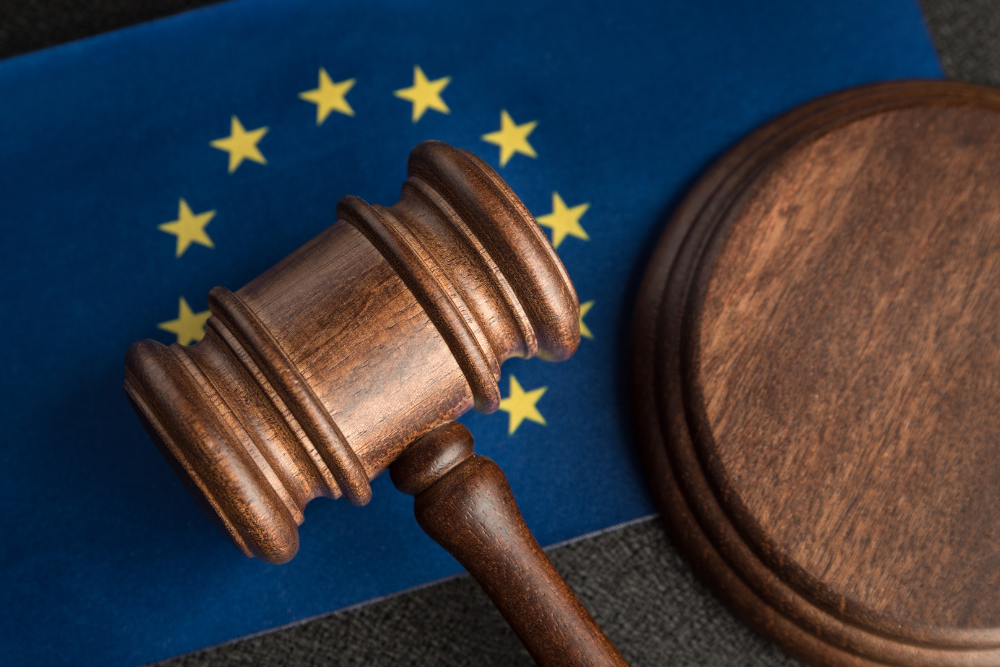 A wooden judge's gavel resting on a sound block with the European Union flag in the background, symbolising law and justice in the EU.