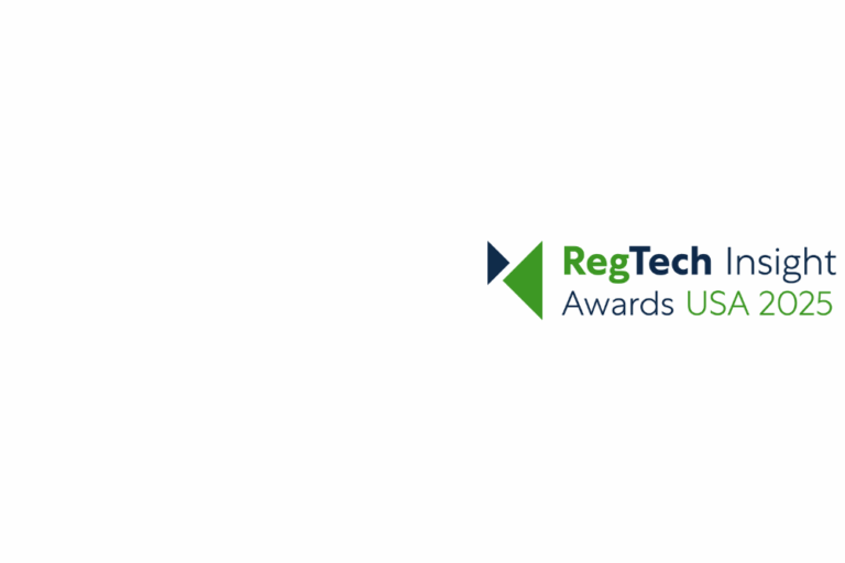 Logo of RegTech Insight Awards USA 2025, featuring a green and navy arrow design with the event name in navy and green text on a white background.