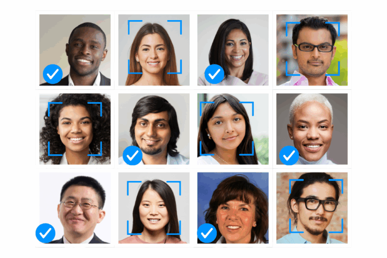 Grid of diverse people’s faces with verification check marks and detection frames, representing inclusive, bias-free identity verification technology