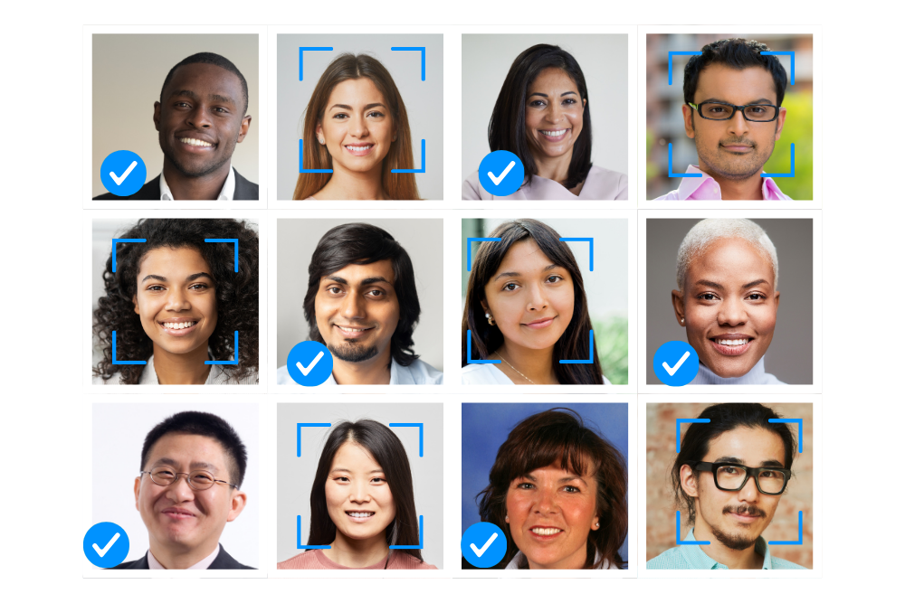 Grid of diverse people’s faces with verification check marks and detection frames, representing inclusive, bias-free identity verification technology