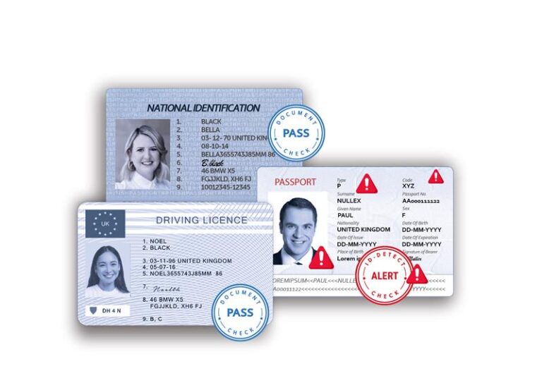 "Three identity documents showing two successfully verified IDs and one flagged with an alert for digital tampering by ID-Detect."
