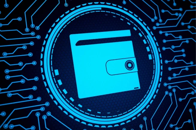 Stylised digital wallet icon in the center of a circular circuit board pattern, representing digital finance or online payments